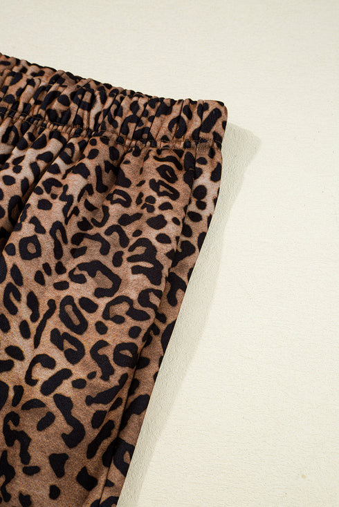 Leopard Print Contrast Rib Drop Shoulder Crewneck Pant Set